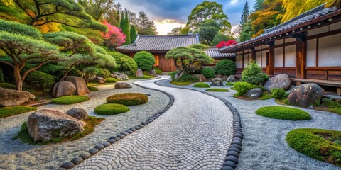 Fototapeta premium A Serene Japanese Garden Path with Cobblestone, Greenery, and a Traditional House, Japanese Garden, Zen Garden, Tranquility, Nature