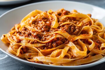 Steaming tagliatelle pasta with rich bolognese sauce