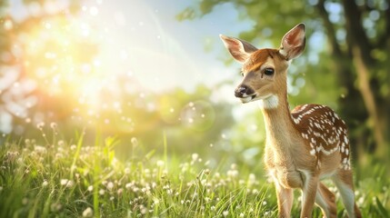 Fawn in a field of wildflowers with sunlit bokeh.