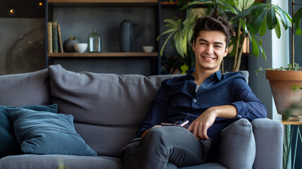 Obraz premium Smiling young man sitting on a comfortable gray couch in a stylish modern living room with plants and books.