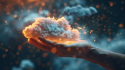 An abstract 3D illustration of a hand reaching out to touch a cloud, symbolizing the ease of accessing cloud services.