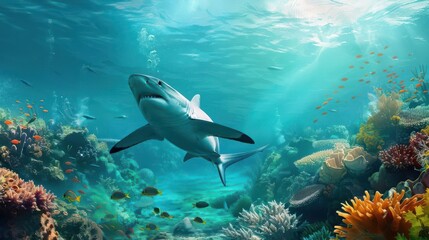 A majestic shark gliding through a vibrant coral reef, showcasing the beauty of summer's underwater world