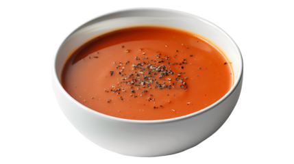 Bowl of tomato soup garnished with freshly ground black pepper, isolated on a transparent background