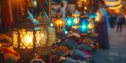 Vibrant Evening Market with Colorful Lanterns and Spice Display in Middle Eastern Bazaar