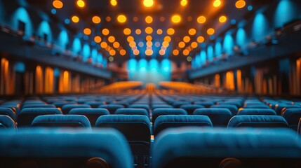 Empty blue theater seats with warm lights above.