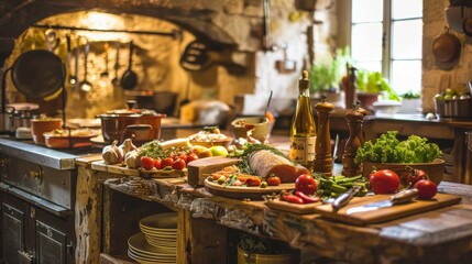 Gourmet French cuisine displayed in a rustic restaurant, culinary art of France