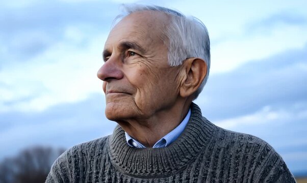 Medium shot portrait video of a man in his 70s with a hint of fatigue due to chronic kidney disease wearing a chic cardigan against a sky background 