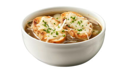 Savory french onion soup with melted cheese on crispy bread, garnished with fresh herbs
