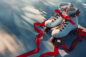 White Roller Skates with Red Ribbons and Stars on Smooth Surface