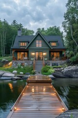 Obraz premium A large house with a dock and a pool. The house is surrounded by trees and water. The house is very large and has a lot of windows