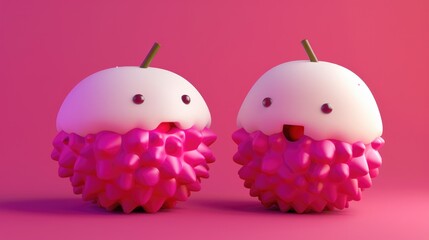 Two Pink Lychees with Cute Faces