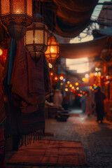 Traditional Middle Eastern Market with Vibrant Lanterns and Textiles at Dusk