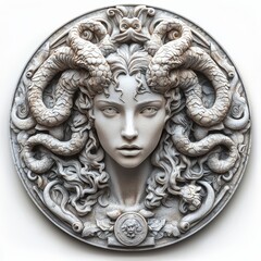 a white marble shield with the face of medusa on a white background