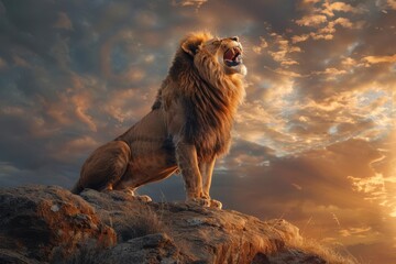 Majestic lion roaring on a rocky cliff under a dramatic sky, Wildlife, Power and strength