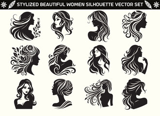 Stylish Beautiful Women Silhouette Vector Illustration Set
