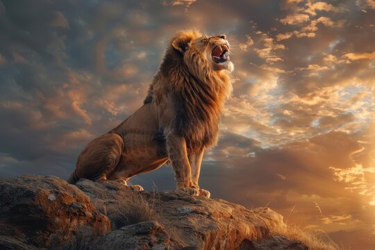 Majestic lion roaring on a rocky cliff under a dramatic sky, Wildlife, Power and strength