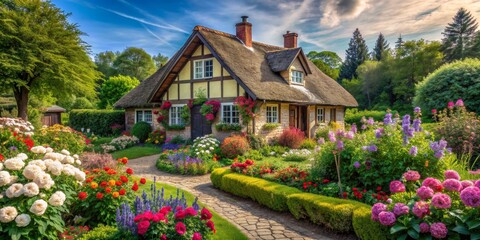 Charming Cottage in a Flower-Filled Garden, thatched roof, stone cottage, colorful flowers, garden path, cottagecore, flower garden