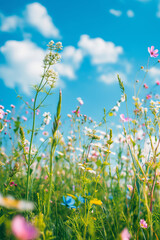 Blooming Wildflowers Under a Bright Blue Sky with Fluffy Clouds