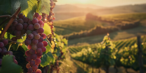 Vineyard Landscape with Ripe Grapes at Sunset Serene Countryside Scene of Lush Rows of Vines and...