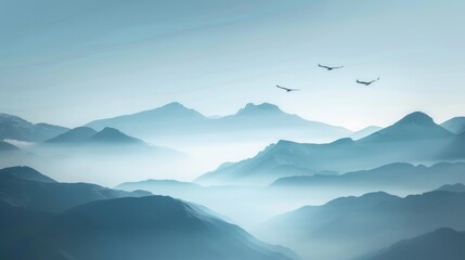Tranquil Misty Mountain Landscape with Birds Flying.