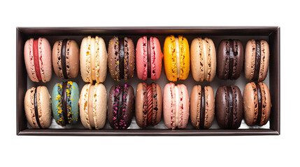 Collection of vibrant macarons neatly displayed in a box, featuring an array of delicious flavors and hues