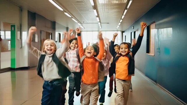 Group of kids at elementary school jumping happy 
