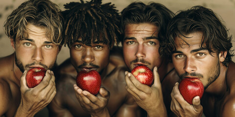 Modern Adam concept. Portrait of four charismatic muscular young men eating red apples over light gray background. Perfect haircut. Close up. Studio shot