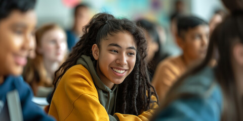 Smiling Teenage Student in Diverse Classroom Engaged in Learning