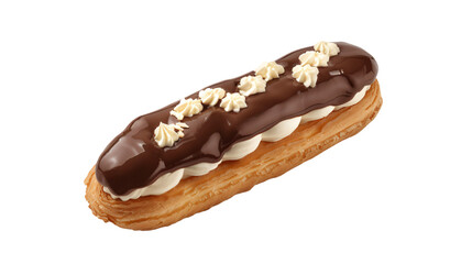 Delicious chocolate eclair oozing with creamy filling, set against a clear background
