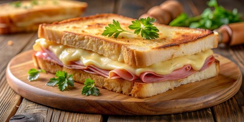 Close-Up of a Ham and Cheese Grilled Sandwich on a Wooden Cutting Board, ham and cheese sandwich, grilled cheese, sandwich, lunch