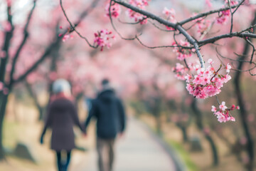 Fototapeta premium Blossoming Cherry Trees and Couple Walking in Park During Spring