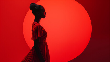 Silhouette of a young African woman in a red dress, standing in front of a large, vibrant red circle with a bold and dramatic gradient background.