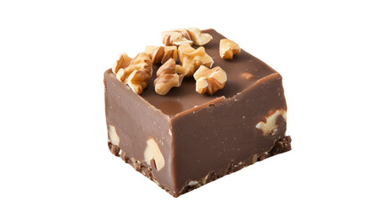 Close-up of a rich chocolate fudge piece topped with crunchy walnuts, isolated on a transparent background
