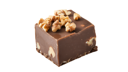 Close-up of a rich chocolate fudge piece topped with crunchy walnuts, isolated on a transparent background