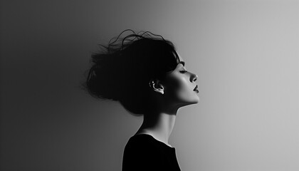 Profile shot of a young woman with dark hair against a gradient background, exuding elegance and serenity in black and white.