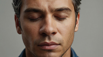 Obraz premium Man meditating closed eyes outdoors for calm, peace and is mindful . Person, relaxed male 