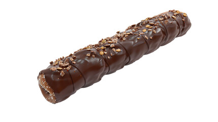 Tasty wafer roll covered in chocolate and sprinkled with crispy nuts, set against a clear background