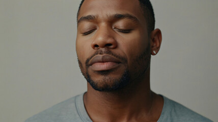 Obraz premium Man meditating closed eyes outdoors for calm, peace and is mindful . Person, relaxed male 