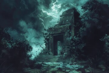 Ancient temple ruins overgrown by jungle plants in a dark stormy night