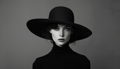 Elegant young woman in a large black hat and turtleneck, showcasing sophisticated style with a minimalistic black-and-white aesthetic and serene expression.
