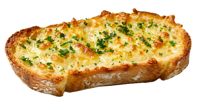 Close-up of a slice of garlic bread topped with melted cheese and fresh parsley