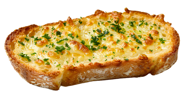 Close-up of a slice of garlic bread topped with melted cheese and fresh parsley