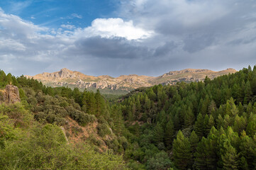 Panoramic view of the Sierra de Huétor natural park (Granada, Spain), with high mountains among pine forests, on a summer morning