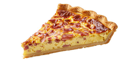 Close-up of a savory slice of quiche lorraine with a golden crust and rich filling