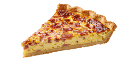 Close-up of a savory slice of quiche lorraine with a golden crust and rich filling
