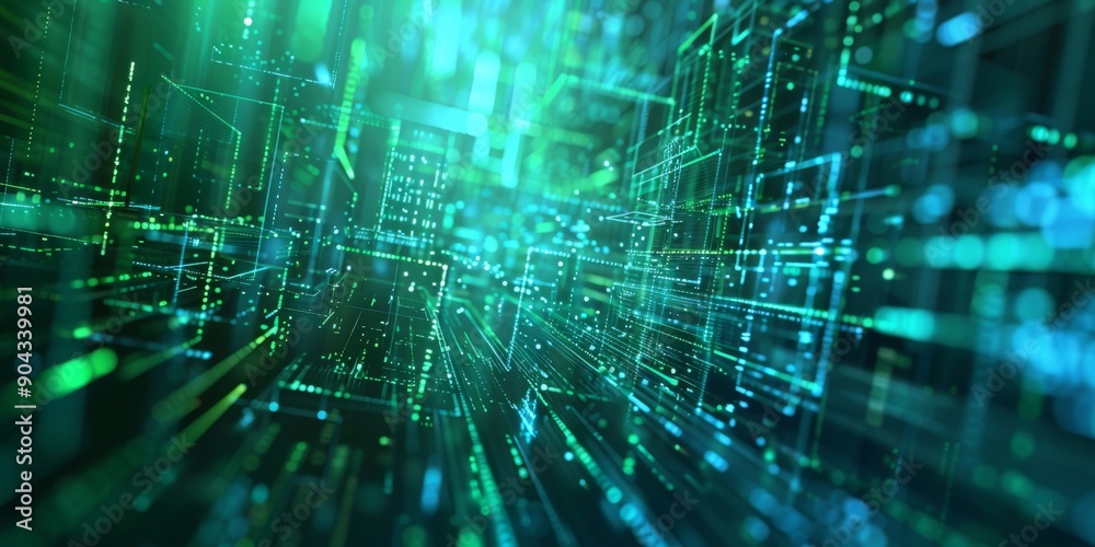Wall mural the background has a digital data network in green and blue matrix, reflecting an abstract design