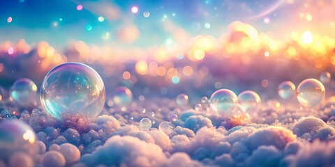 Fototapeta premium Dreamy Bubbles Floating in a Sea of Clouds, Bokeh , Sunset , Fantasy, Bubbles