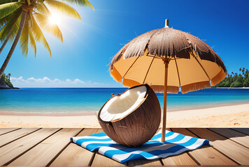 Obraz premium split coconut wooden surface beside blue ocean beach umbrella warm sand bright summer sun embodies leisure travel