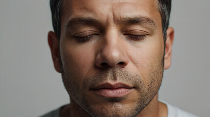 Obraz premium Man meditating closed eyes outdoors for calm, peace and is mindful . Person, relaxed male 