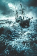 Obraz premium A ship is in the middle of a stormy sea. The waves are crashing against the boat, and the sky is dark and cloudy. Scene is tense and dramatic, as the ship struggles to stay afloat in the rough waters